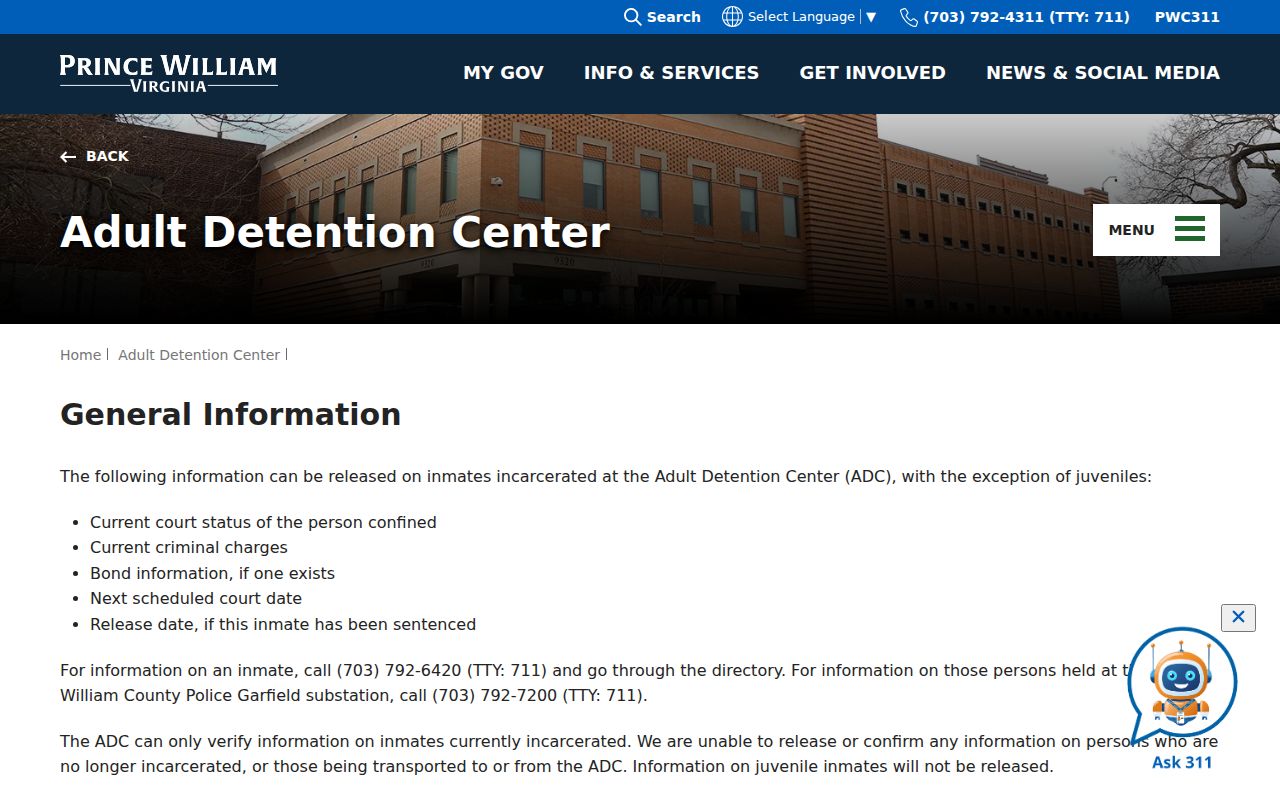 Prince William County warrant-related custody information at the Adult Detention Center
