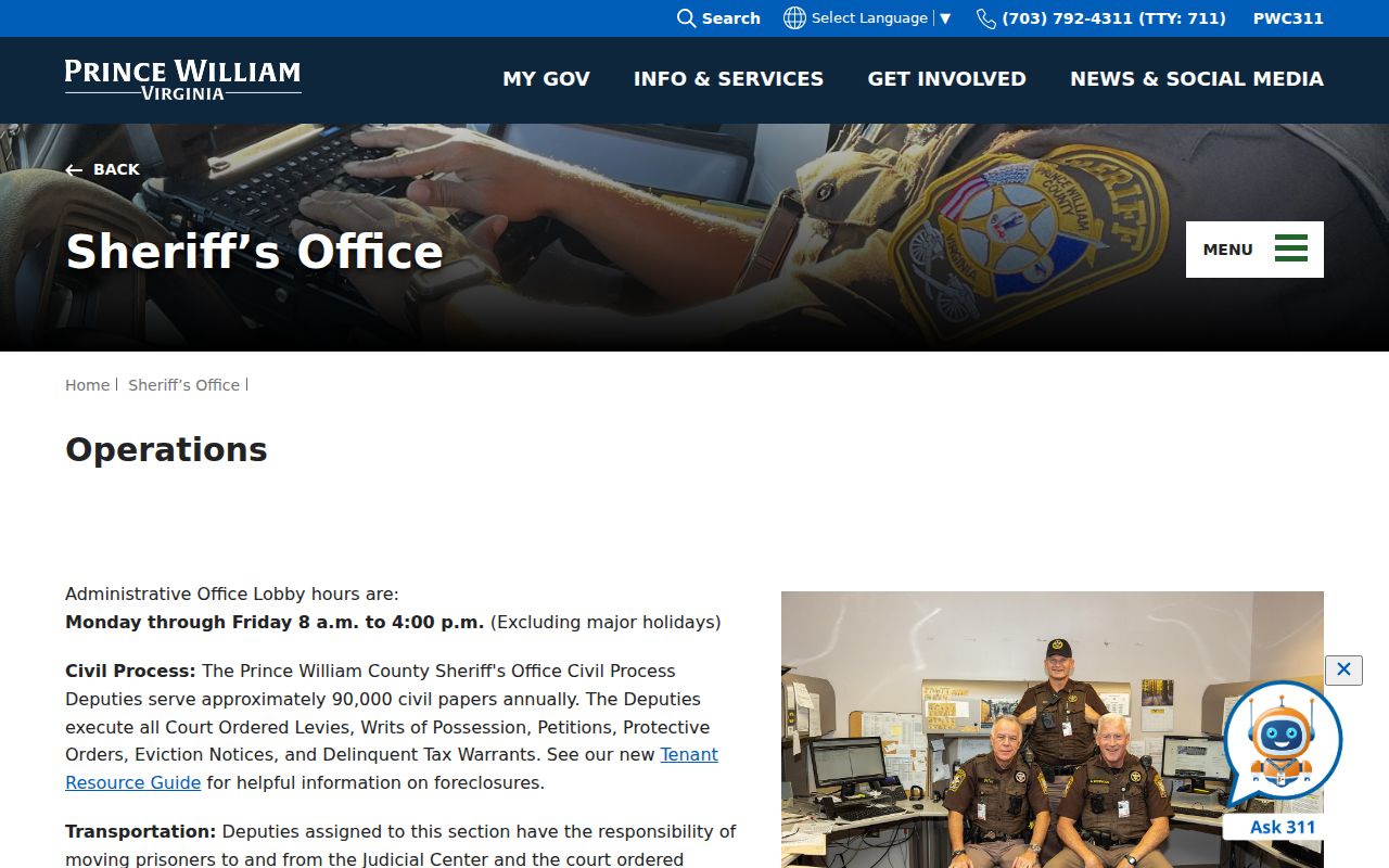 Prince William County Sheriff operations and warrant service information