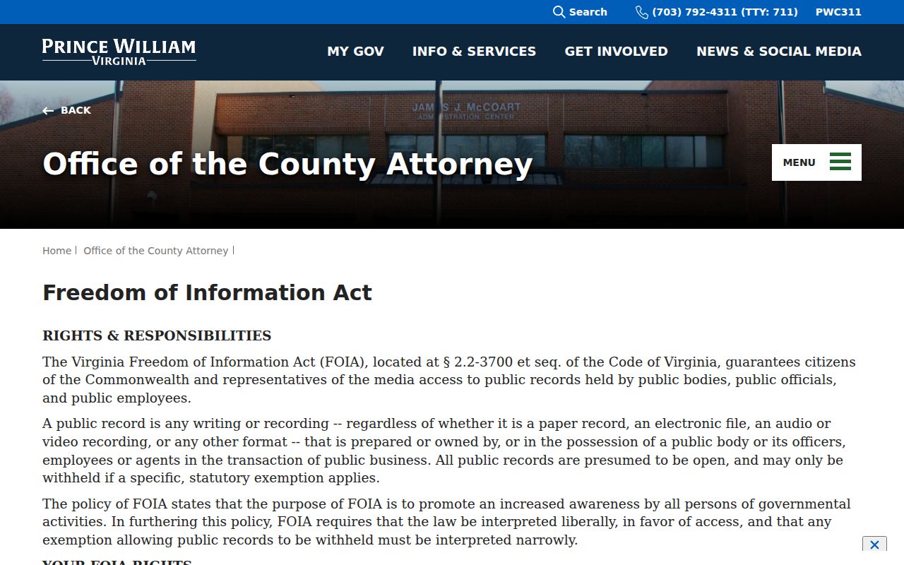 Prince William County FOIA routing for warrant and court records