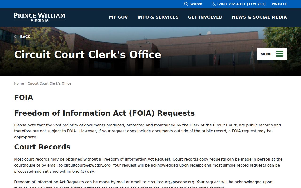 Prince William County court record access and FOIA request route