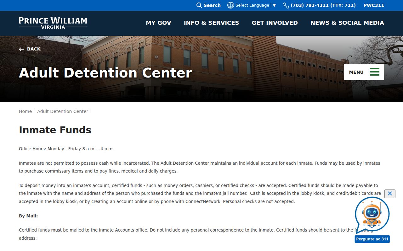 Prince William County detention center lobby kiosk for inmate funds, not warrant searches