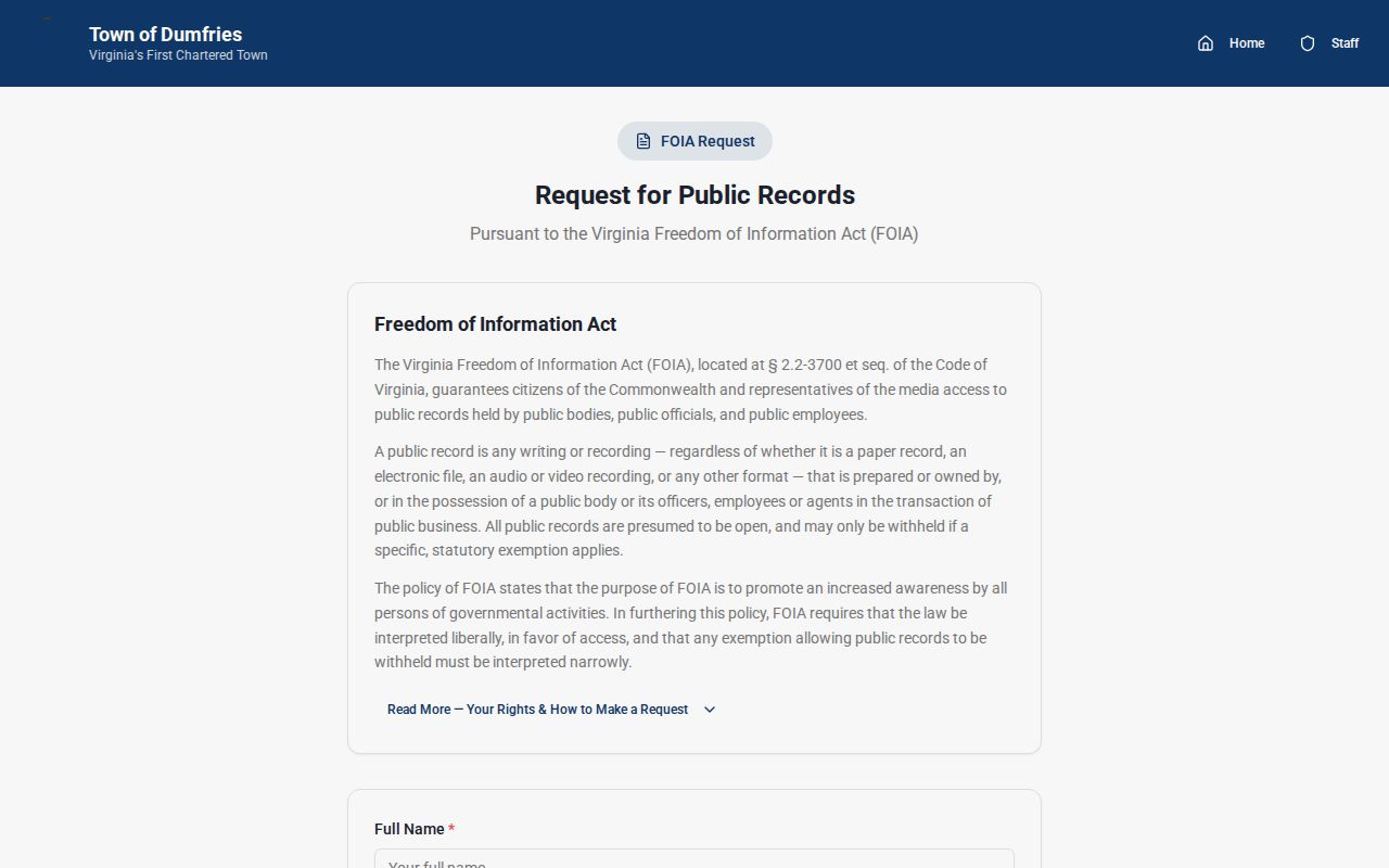 Dumfries public-record request portal for town-held warrant-related records