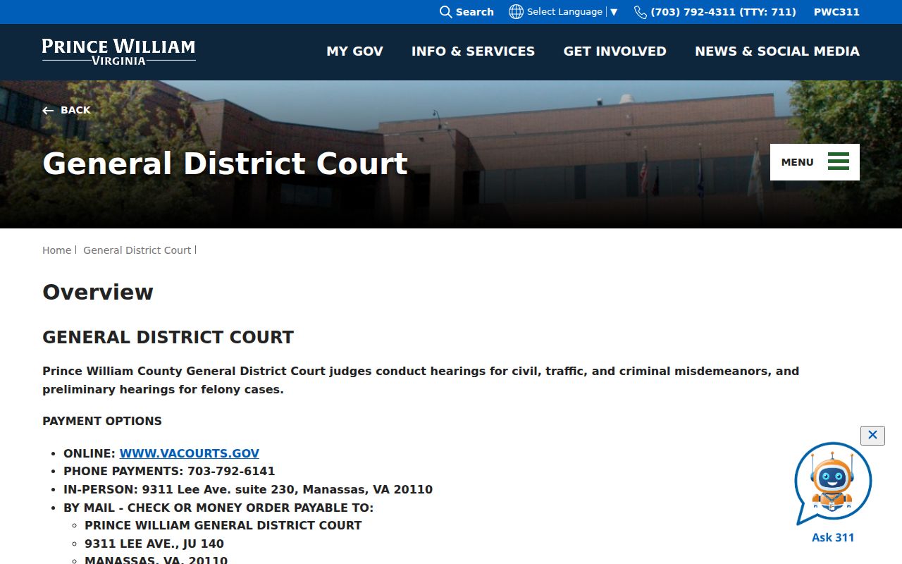 Prince William County traffic warrant court contact and payment route