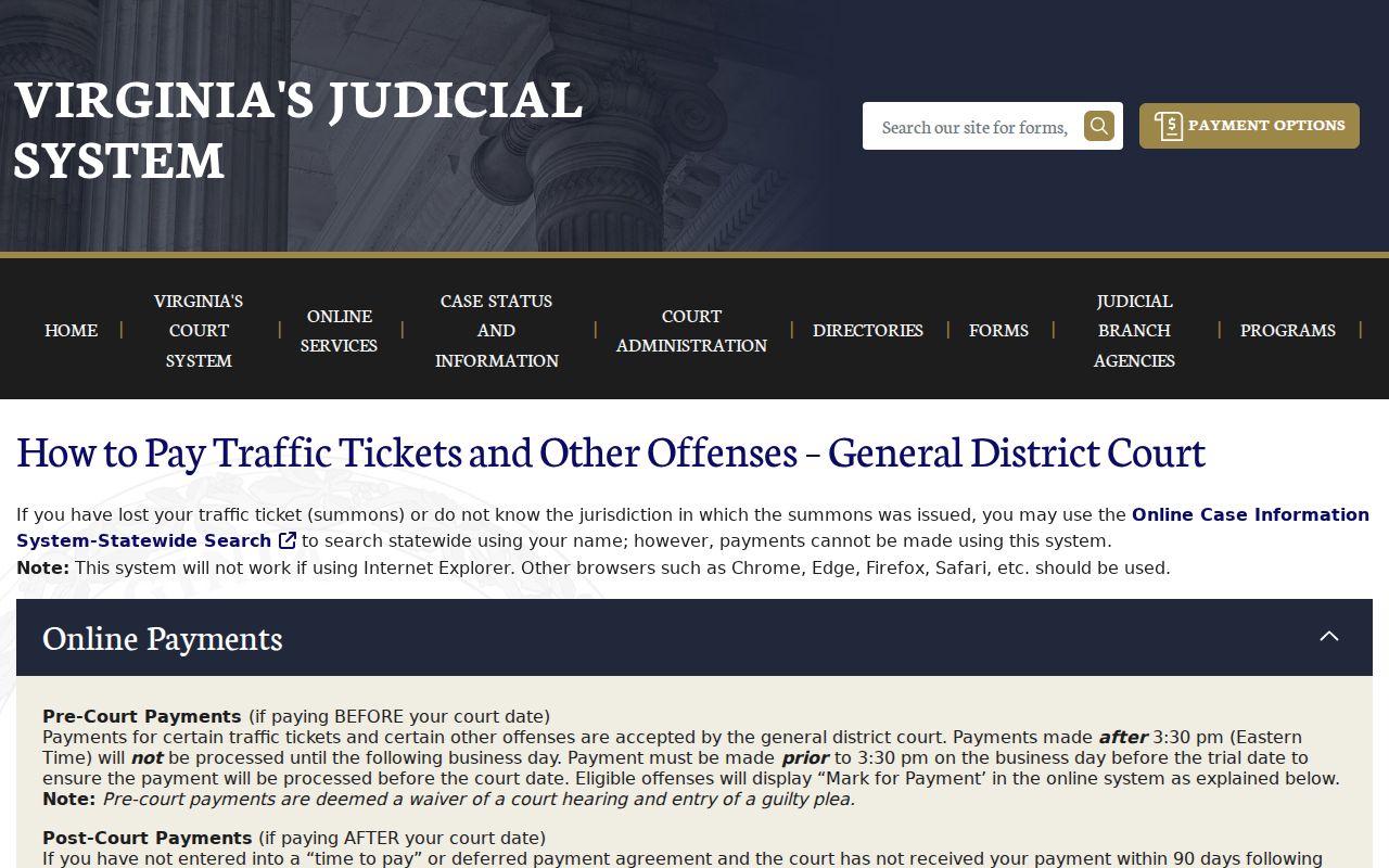 Prince William County warrant traffic cases and General District ticket instructions